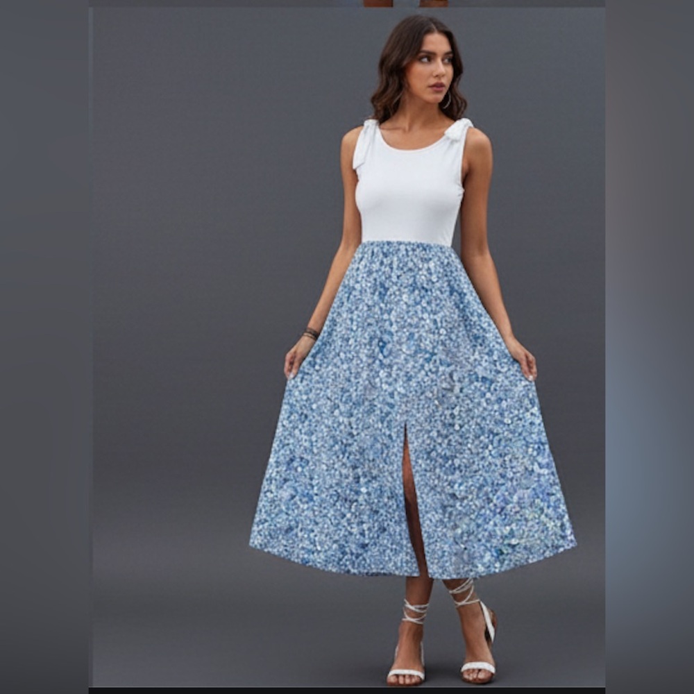 Blue Boho Floral Print Knot Shoulder Split Thigh Dress